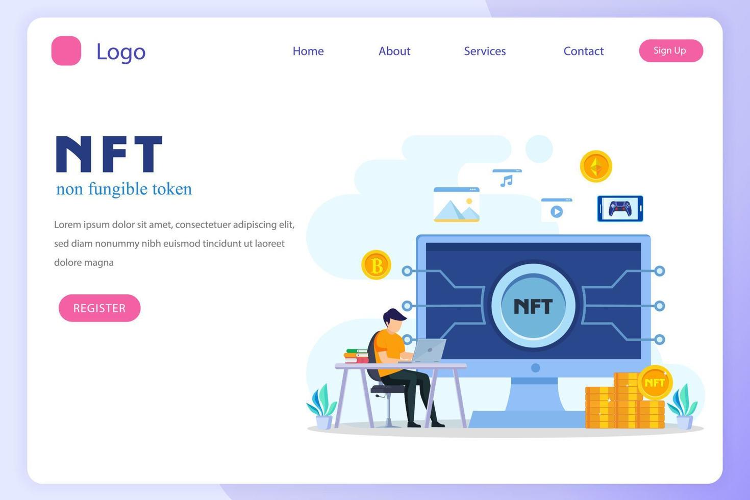 NFT non fungible token, digital crypto art blockchain technology, flat vector illustration,