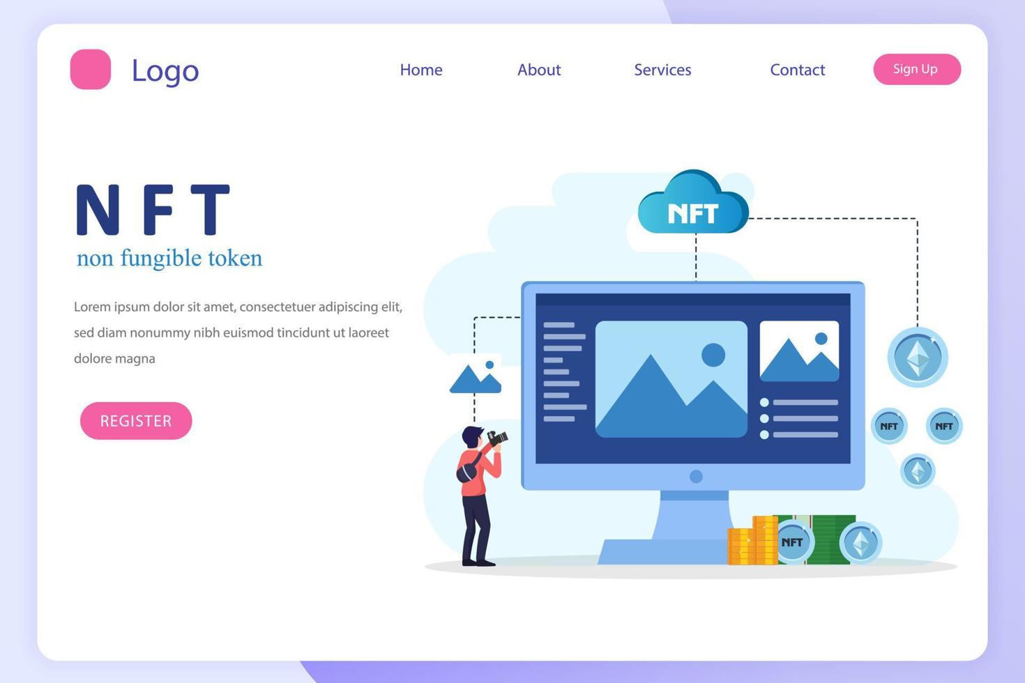 NFT non fungible token, digital crypto art blockchain technology, flat vector illustration,