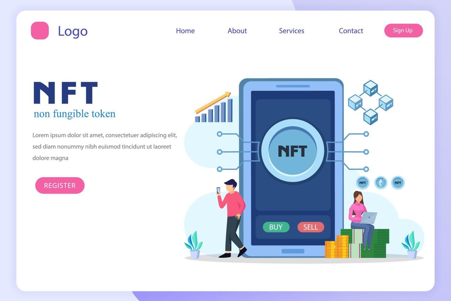 NFT non fungible token, digital crypto art blockchain technology, flat vector illustration,