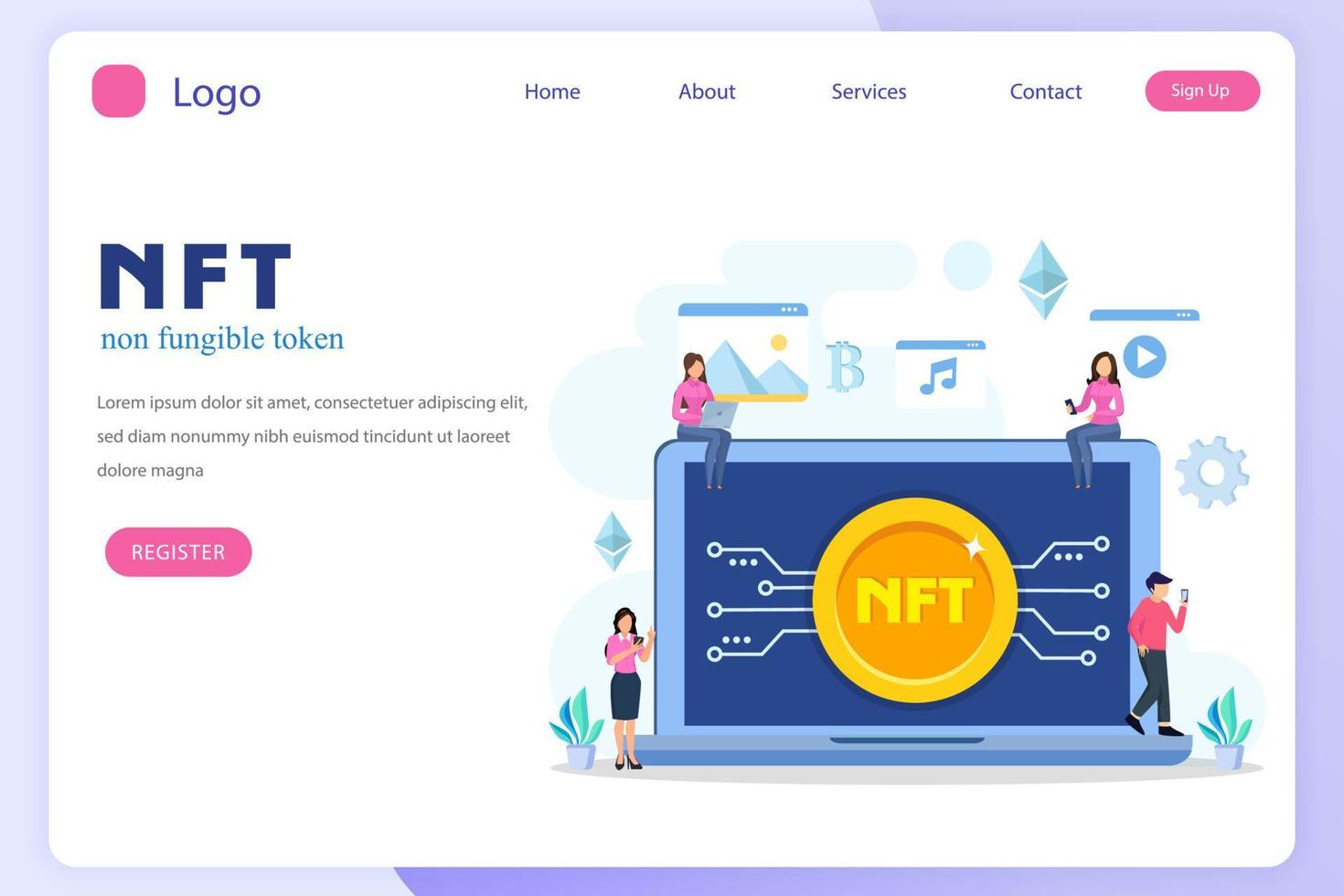 NFT non fungible token, digital crypto art blockchain technology, flat vector illustration,