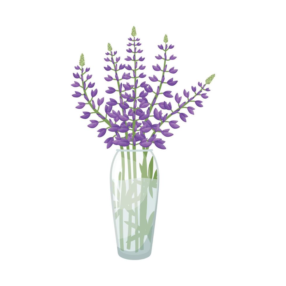 Vector illustration of a glass vase with a bouquet of lupines.