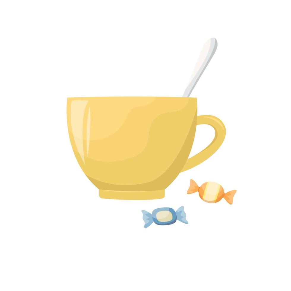 Vector illustration of a ceramic mug with a spoon and sweets.