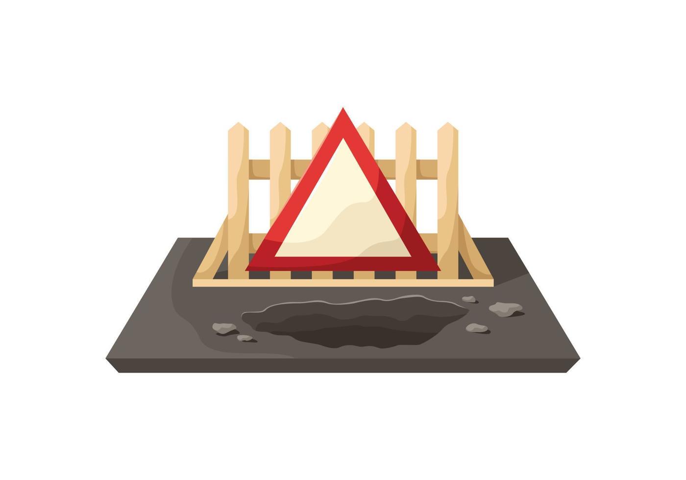 Vector illustration of a pit in asphalt fenced with a fence and a sign. Road works