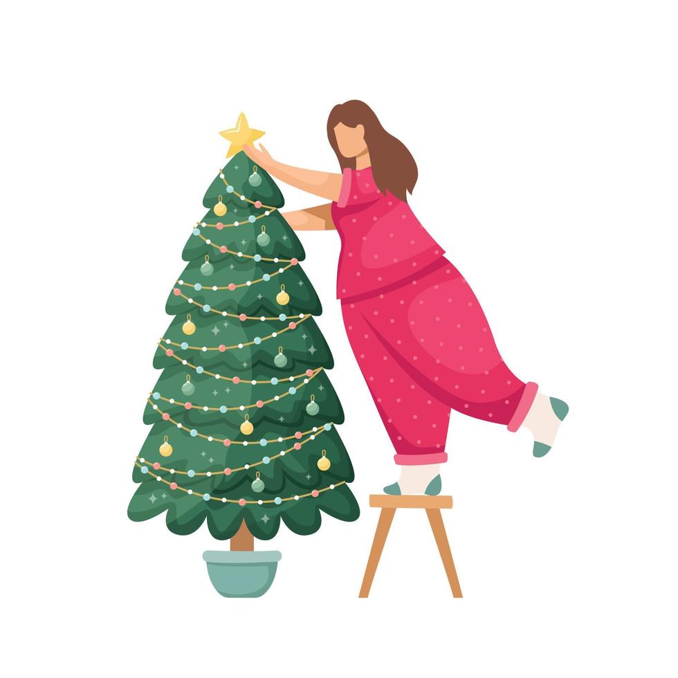 Vector illustration of a girl hanging a Christmas ball on a Christmas tree. New Year. Holidays