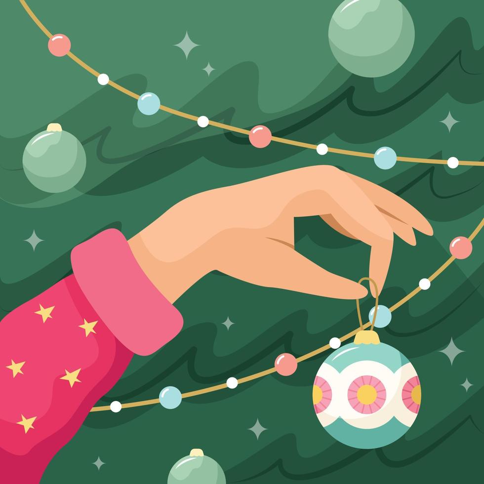 Vector illustration of a girl hand hanging a Christmas ball on a Christmas tree. New Year. Holidays