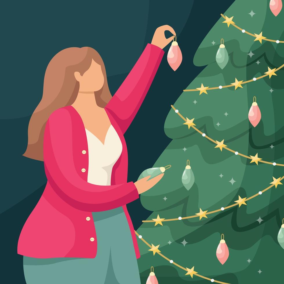 Vector illustration of a girl hanging a Christmas ball on a Christmas tree. New Year. Holidays