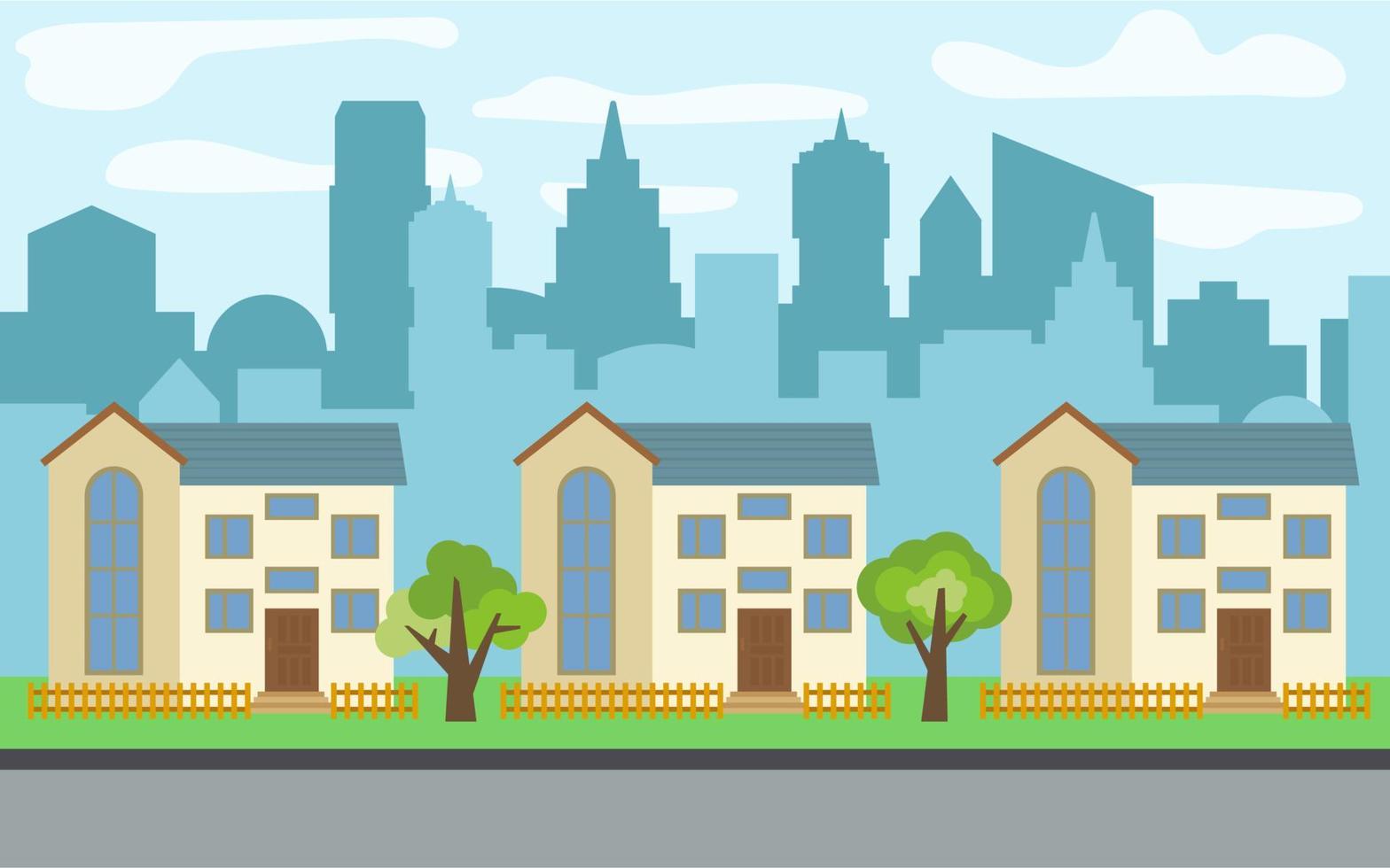ciudad vectorial con tres casas de dibujos animados de dos pisos y árboles verdes en el ciudad vectorial con tres casas de dibujos animados de dos pisos y árboles verdes en el