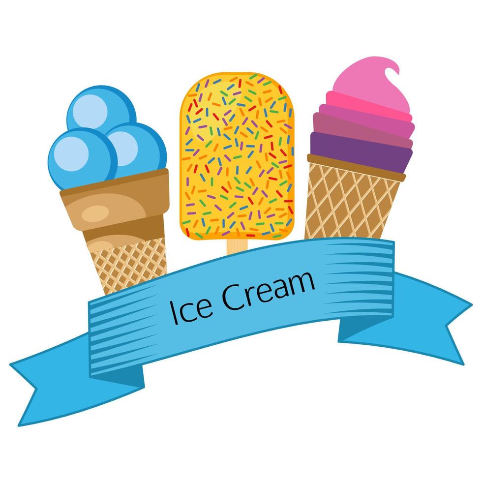 Three different ice cream wrapped in blue ribbon with the inscription ice cream. Vector illustration