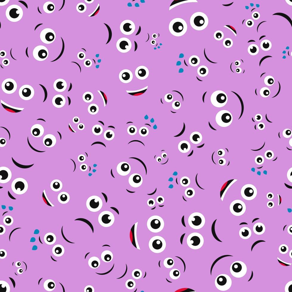 Cartoon faces with emotions. Seamless pattern with different emoticons on purple background. Vector illustration