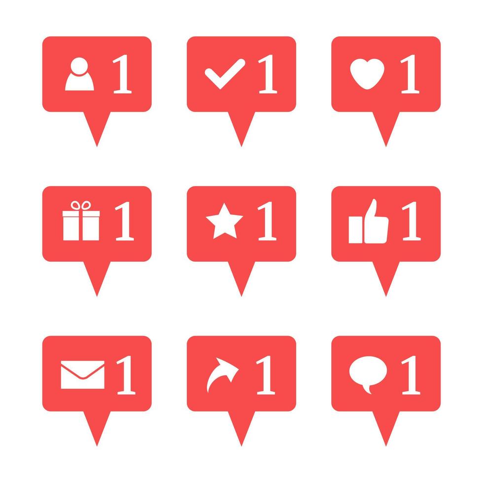 Set of nine notifications in social media. Heart, star, follower, message, check, gift, comment, like, repost. Vector illustration.