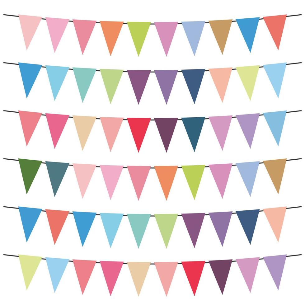 Colorful flags and bunting garlands for decoration. Decor elements with various patterns. Vector illustration