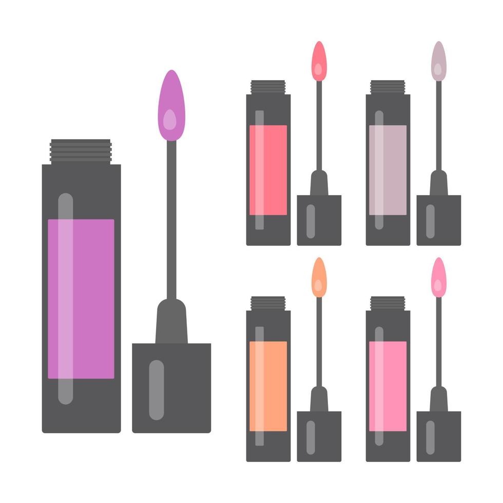 Set of makeup items. Five bright lip gloss. Vector illustration.