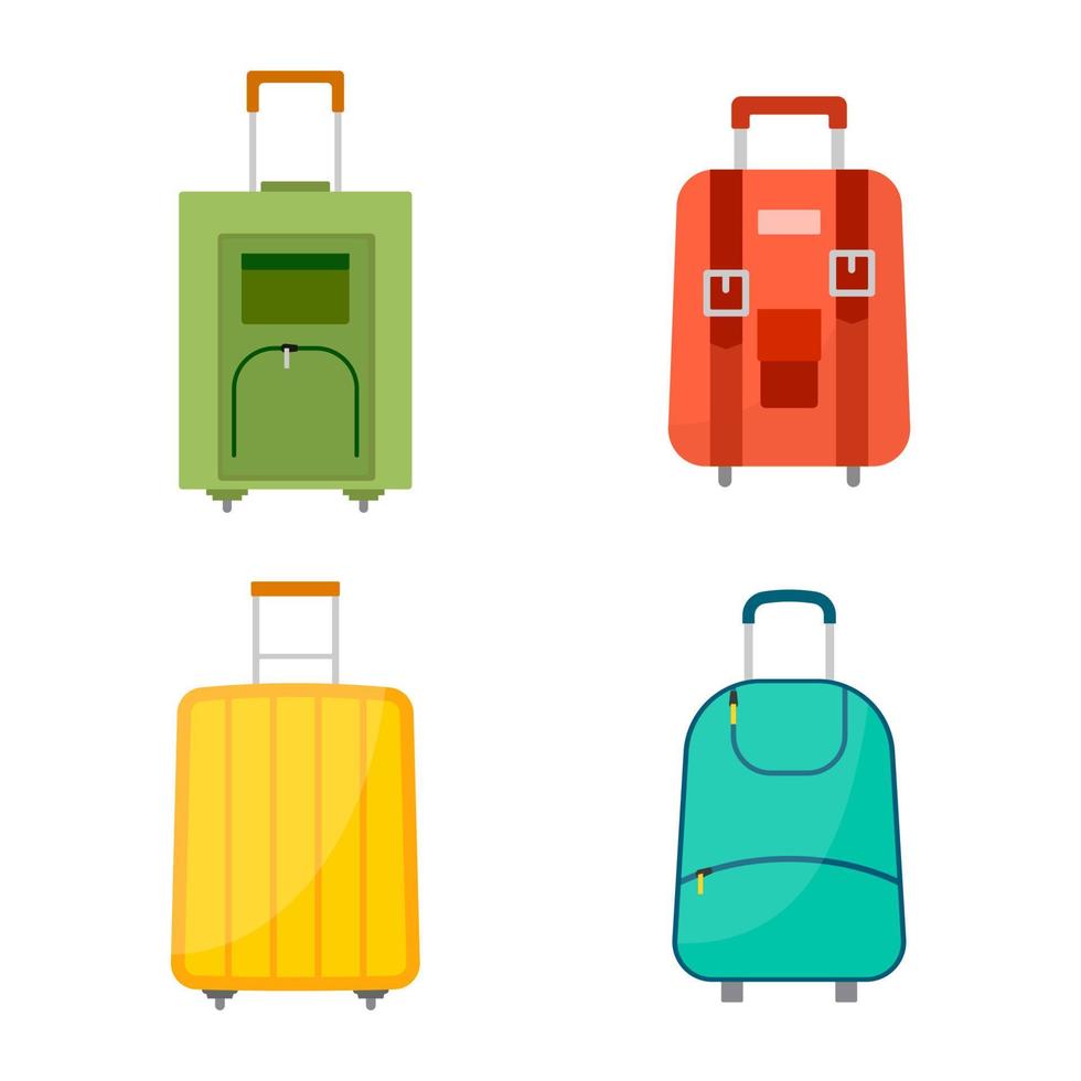 Set of four wheeled travel bags with luggage on white background. Suitcase for journey trip in flat style. Vector illustration