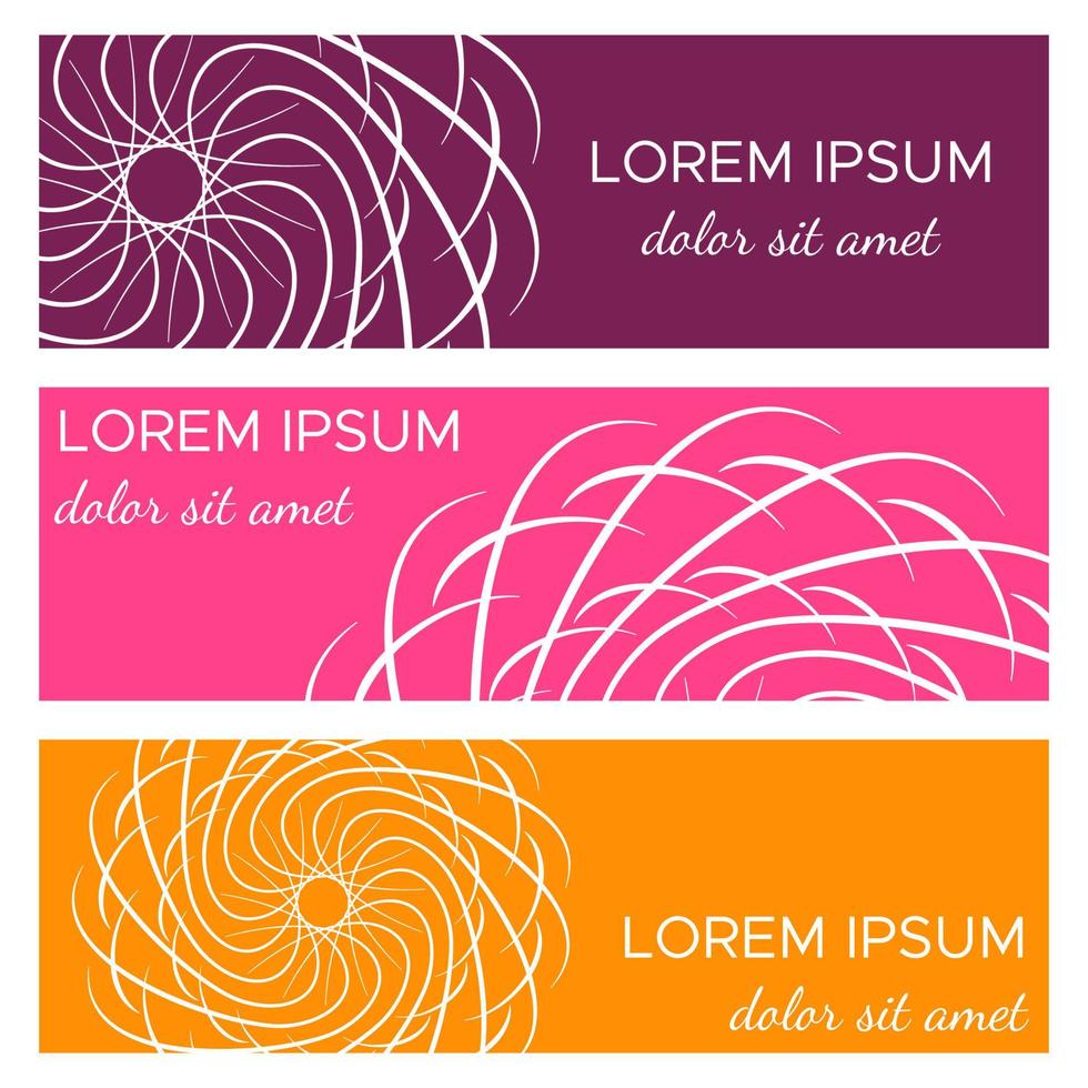 Set of abstract horizontal header banners with geometric circular elements and place for text. Colorful backgrounds for web design. Vector illustration