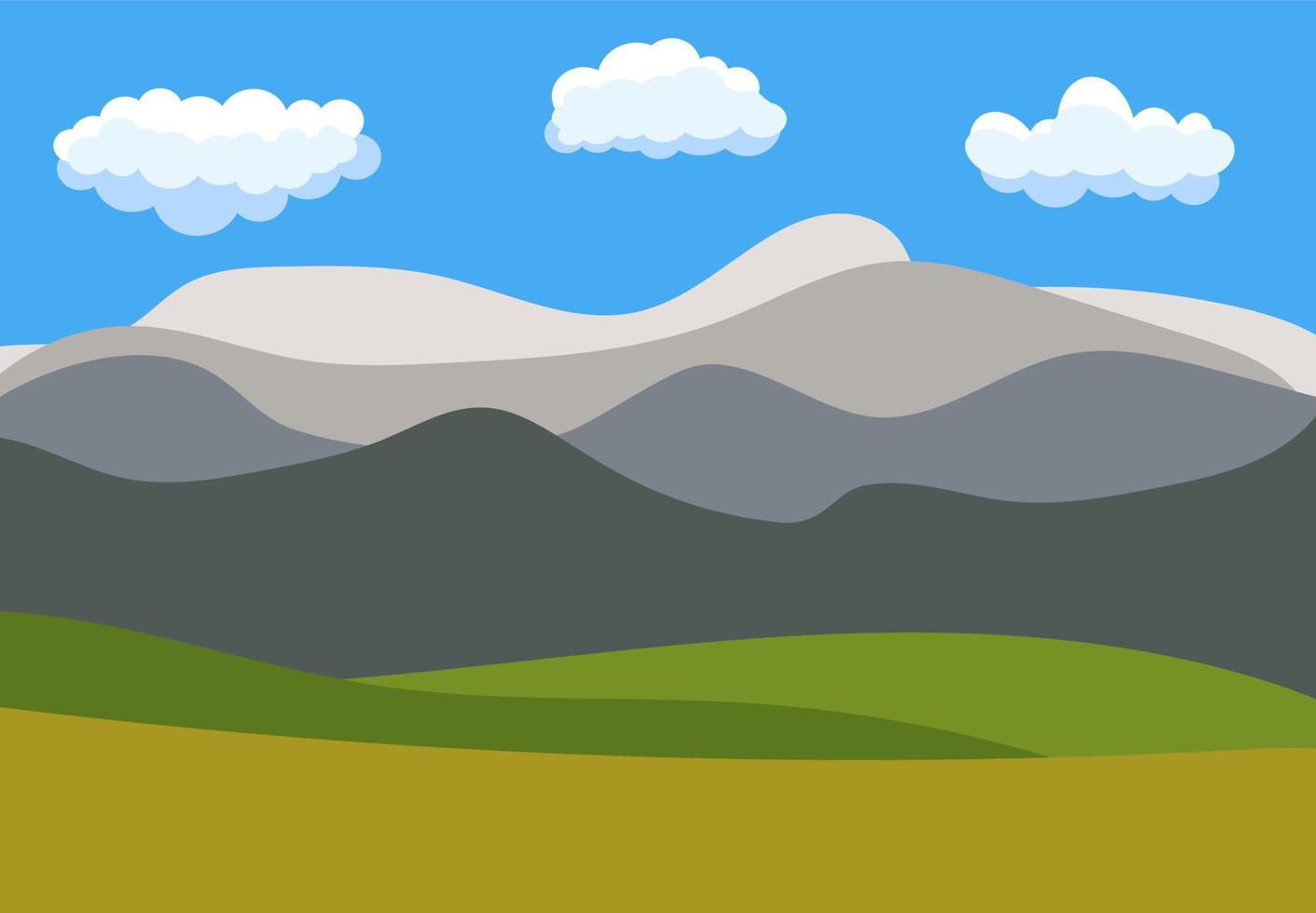Natural cartoon landscape in the flat style with blue sky, clouds, hills and mountains. Vector illustration