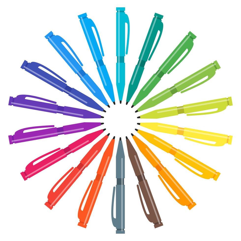 conjunto de bolígrafos multicolores colocados en un círculo. ilustración vectorial vector