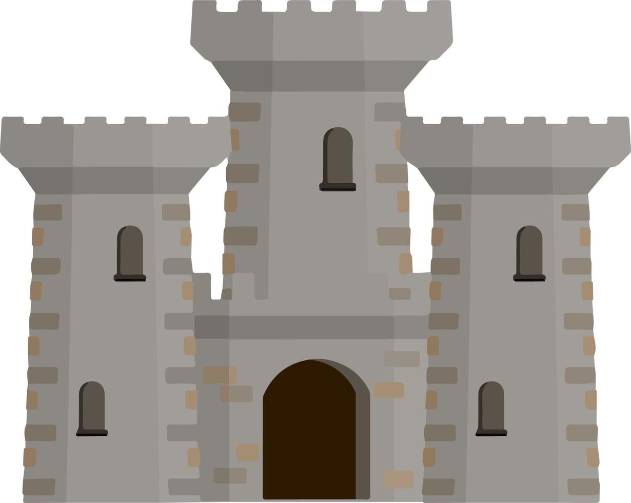 castillo de piedra europeo medieval. fortaleza del caballero. concepto de seguridad, protección y defensa. ilustración plana de dibujos animados. edificio militar con murallas, puertas y gran torre. vector