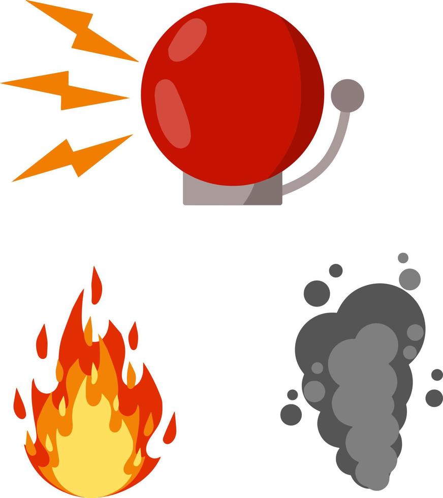 Fire safety. Set of items-Alarm siren ring, smoke sensor, flame. Dangerous situation. Accident protection. alert and problem. Cartoon flat illustration vector