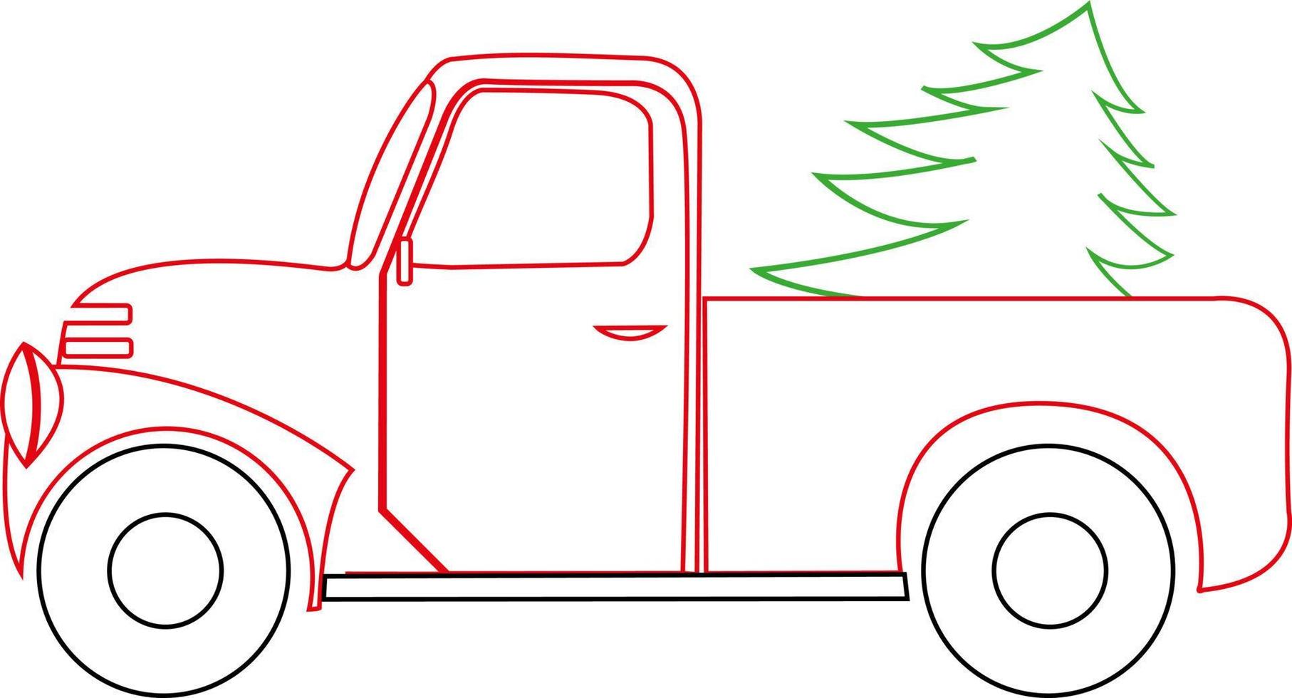 Postcard or poster of a retro auto pickup truck with a Christmas tree in vintage style. New Year. Christmas. vector