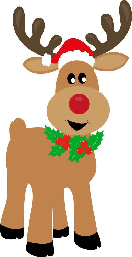 Cute deer in a red cap. Holly berries. Postcard Merry Christmas and Happy New Year. vector