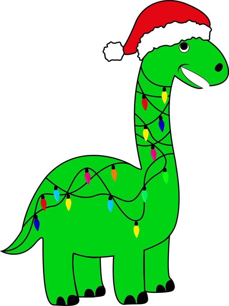 Green dinosaur in Santa's hat and a garland of lights on a white background. Happy new year postcard, banner. vector