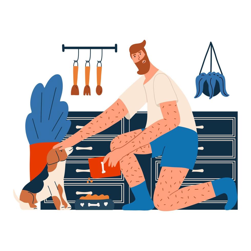 A man feeds his pet with dry food in the morning in the kitchen. Friendship with your dog. Vector illustration hand drawn in flat style.