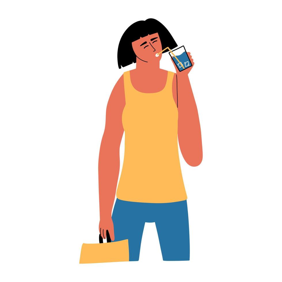 A young woman drinks a cooling drink with water and ice. The girl is thirsty in summer. Vector illustration in flat style