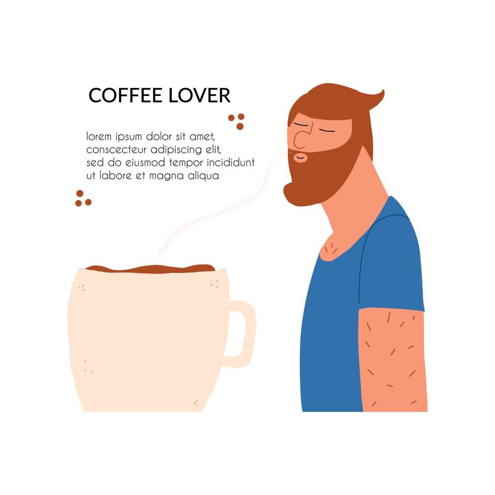 Male lover of coffee drinks. Caffeinism. Vector illustration in flat style