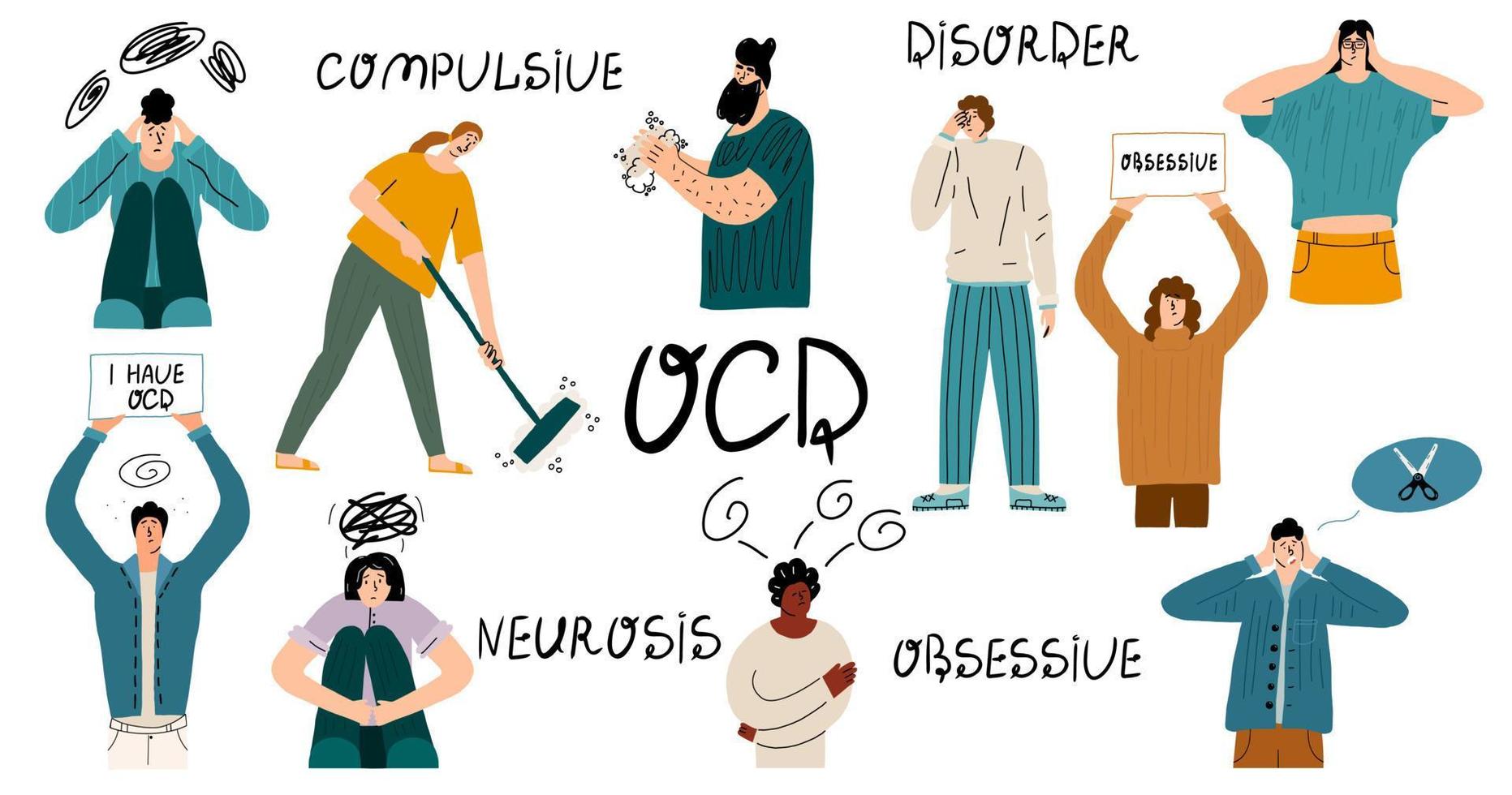 Big set with people suffering from obsessive compulsive disorder. Characters with neurosis, phobias, panic attacks. Vector hand-drawn illustration with text.