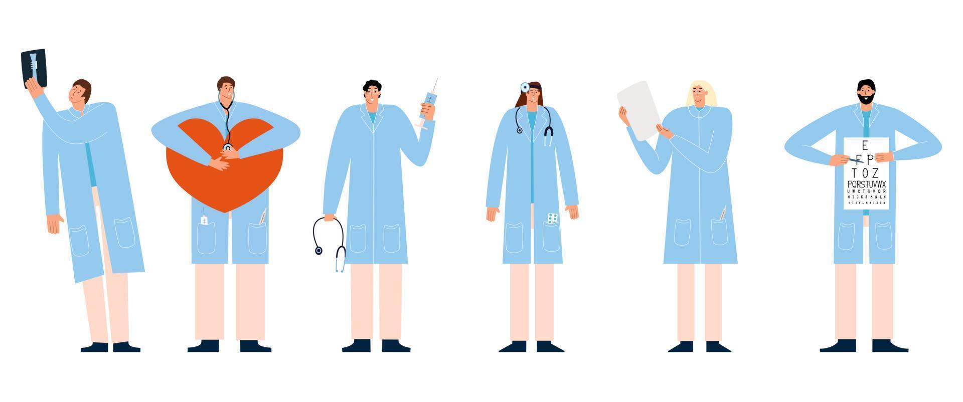 A set of doctors of different specialties. Oculist, cardiologist, surgeon, therapist, psychologist, otolaryngologist, x-ray specialist. Vector illustration in flat style