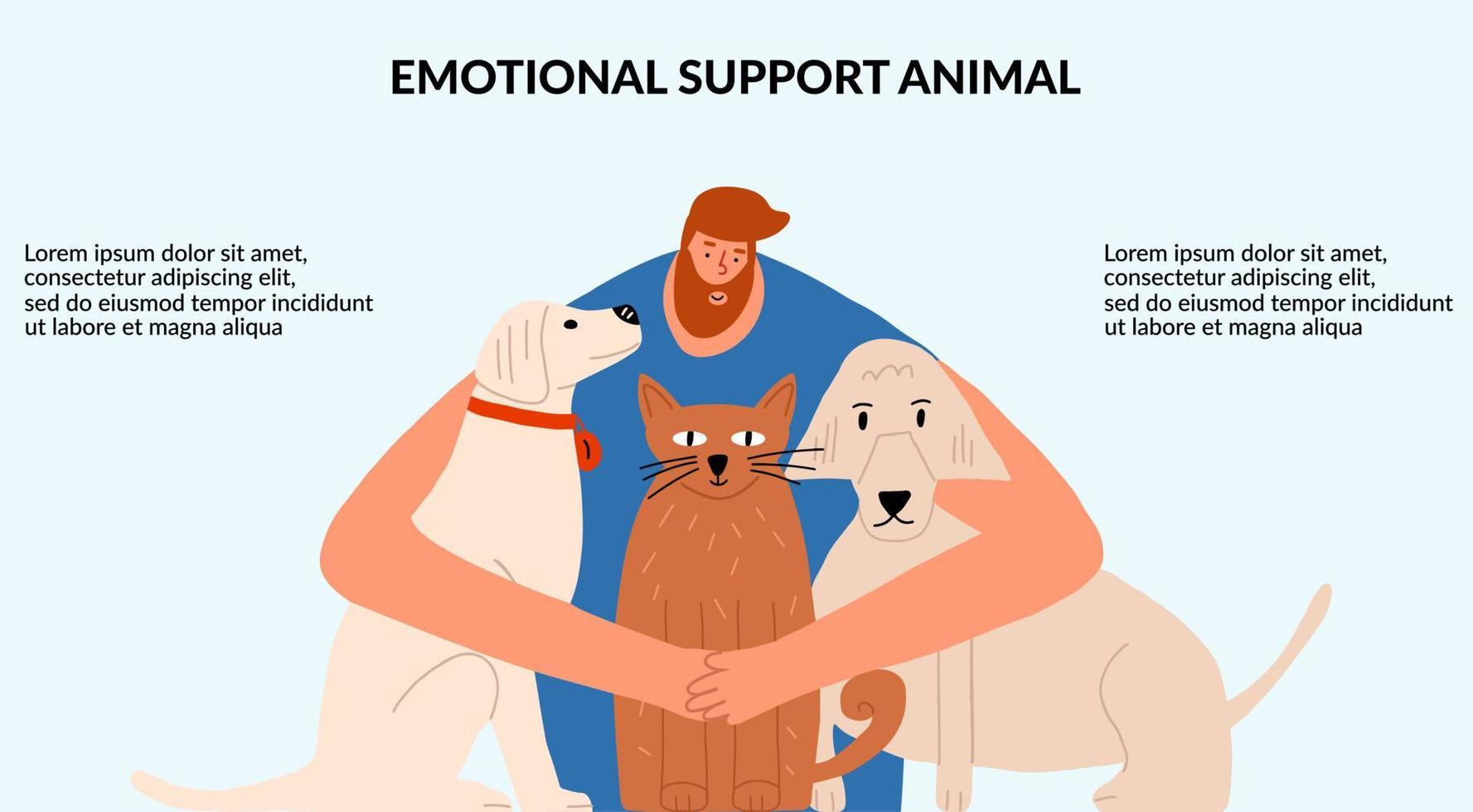 The concept of emotional support by animals. The man hugs the animals. Positive Mental Therapy. Template, banner. Vector illustration