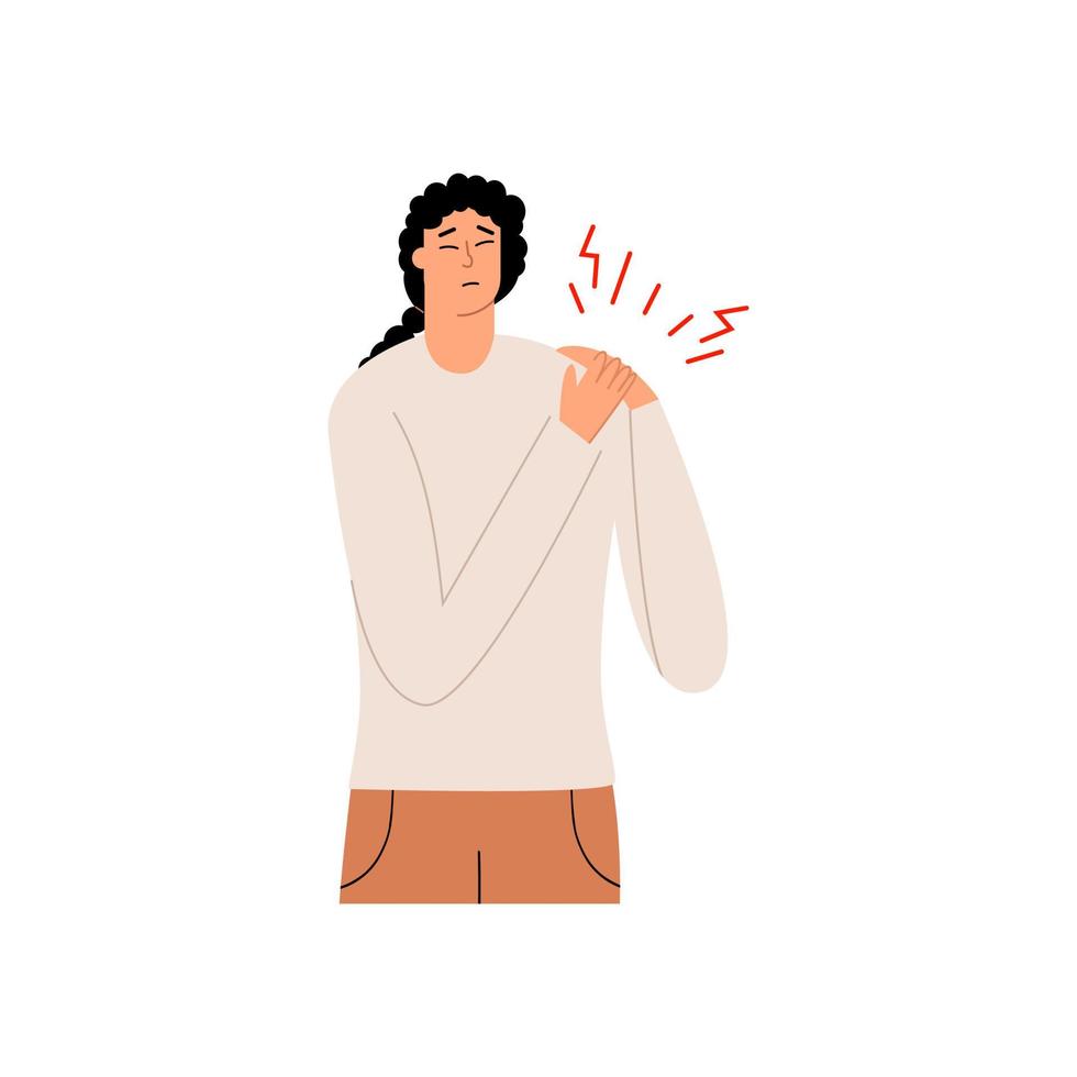 A young girl is experiencing pain in an inflamed shoulder joint. Arthritis or arthrosis. Vector illustration in flat style