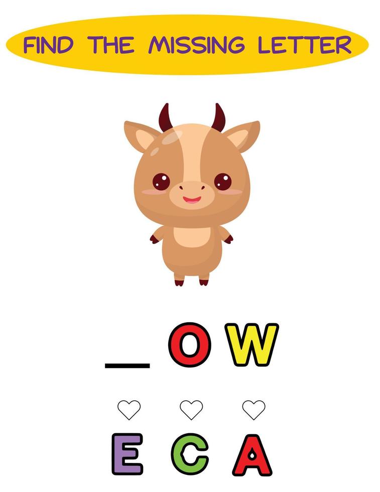 encontrar la letra que falta. vaca kawaii. juego de ortografía educativo para niños. vector