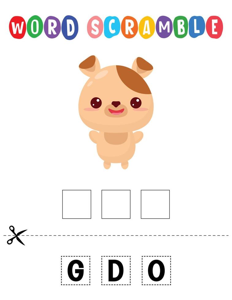 Dog Word scramble . Educational game for kids. English language spelling worksheet for preschool children vector