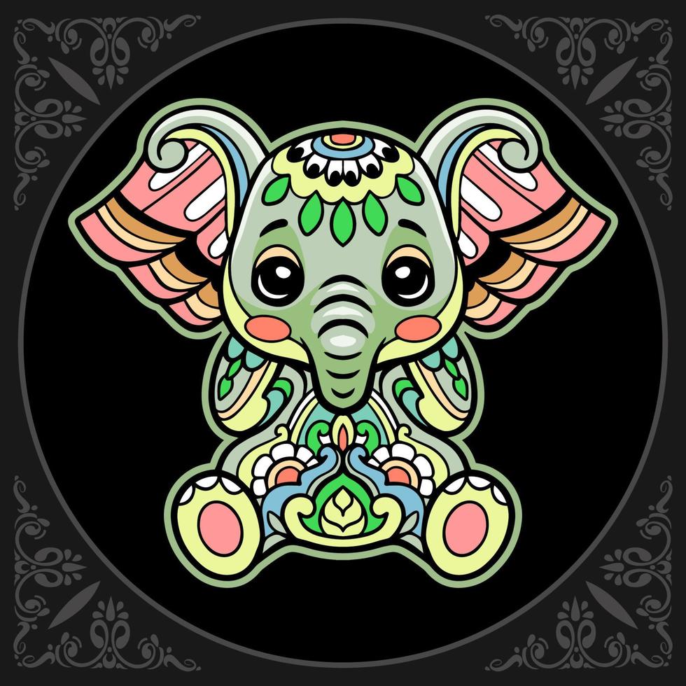 Colorido lindo elefante dibujos animados mandala artes aislado sobre fondo negro vector