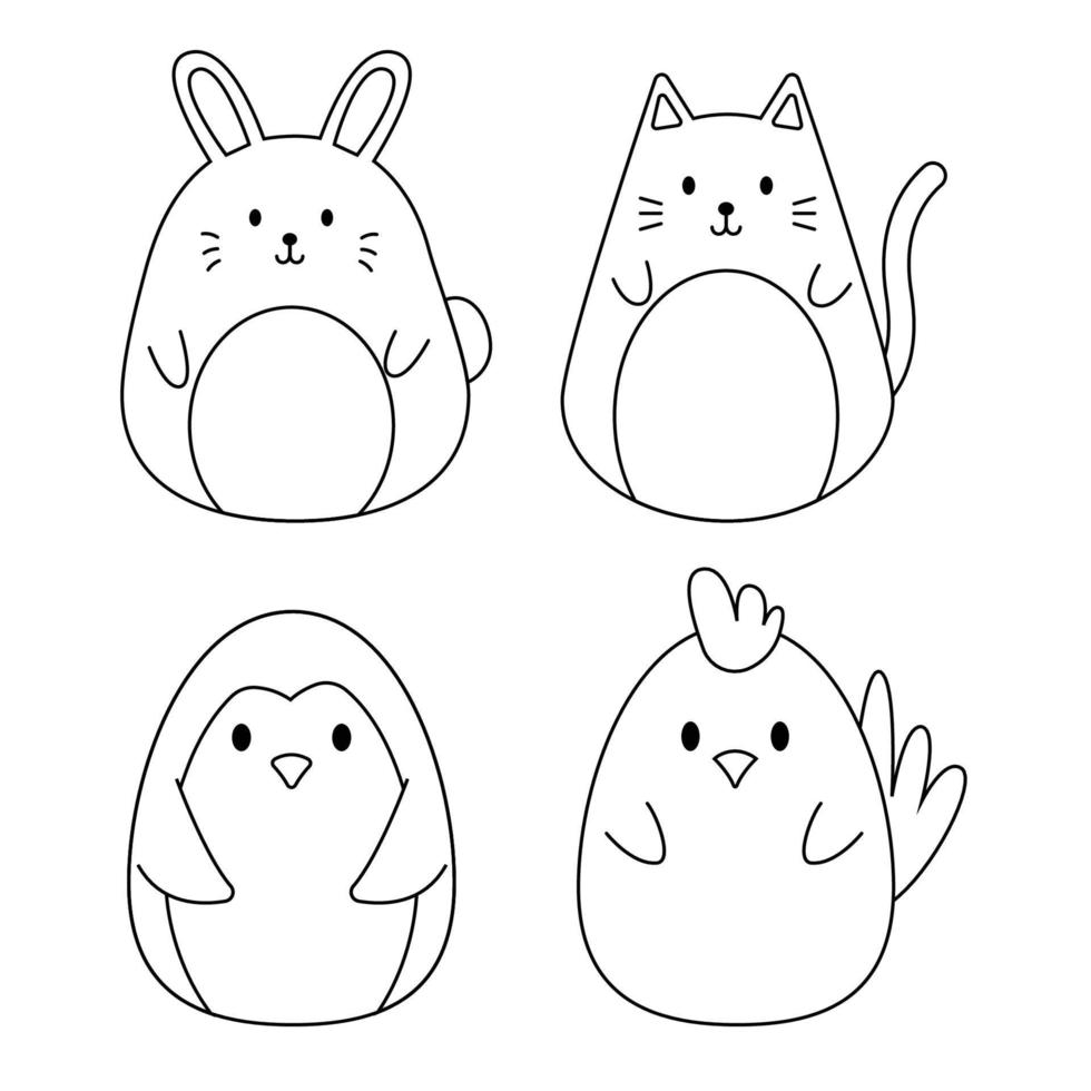 Set of rabbit, penguin, cat and chicken. cute animals cartoon for coloring book. vector illustration