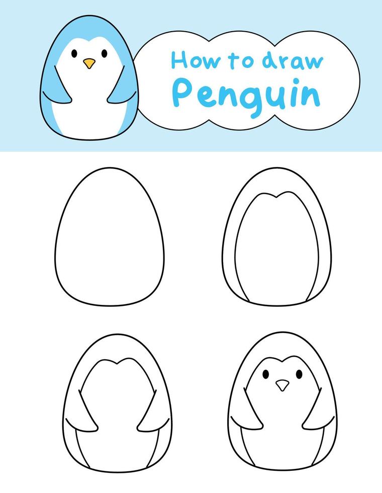 How to draw doodle cute penguin for coloring book. Vector illustration