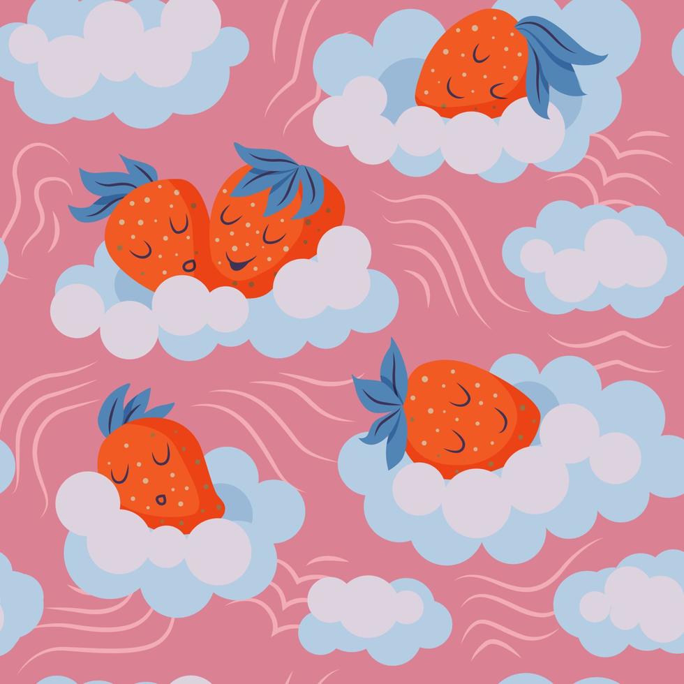 cute strawberry sleeping on the clouds. seamless pattern. strawberries with whipped cream. vector