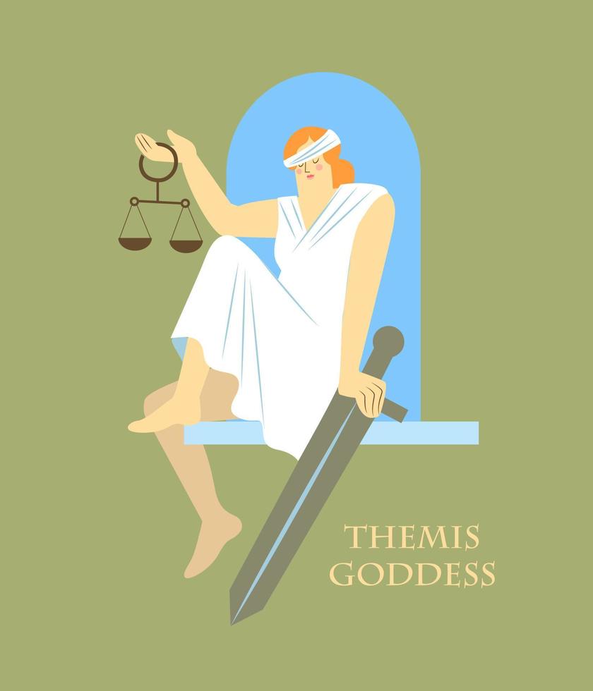 Themis, the goddess, sits on the windowsill in one hand holding a sword, in the other hand hold - scales, the blindfold is shifted. vector