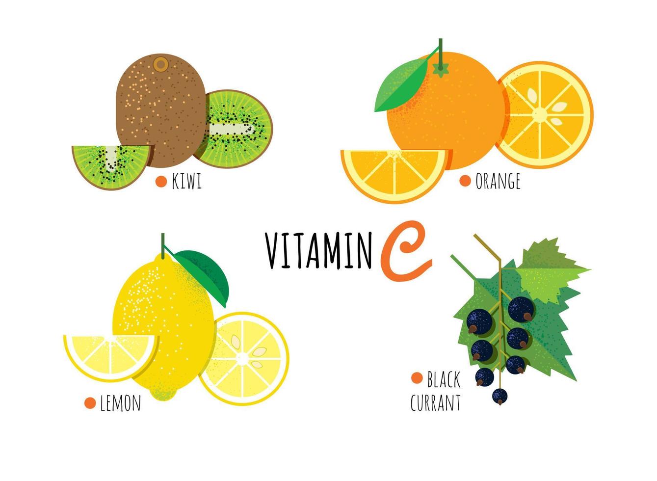 frutas con vitamina c como kiwi, naranja, limón, grosella negra vector