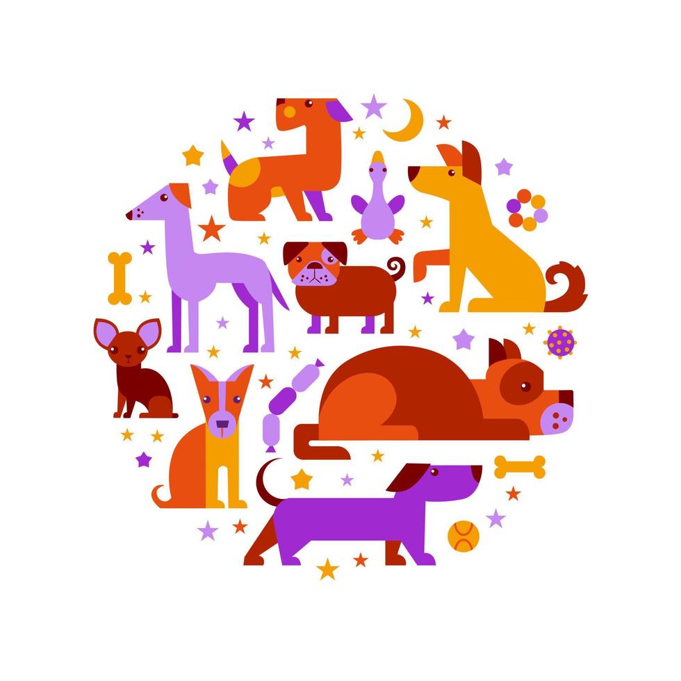 conjunto vectorial de diferentes perros. juguetes y accesorios para perros. aislado sobre fondo blanco vector