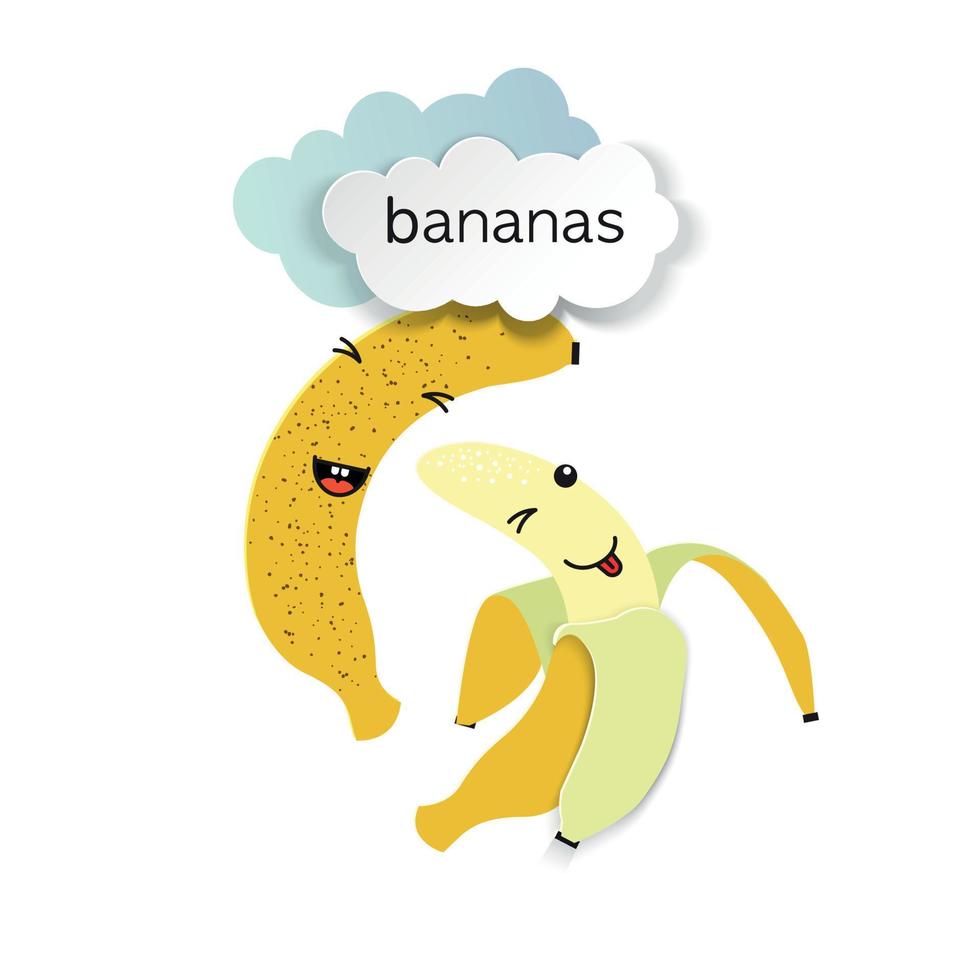 Two cute bananas and clouds in paper cut technique. vector