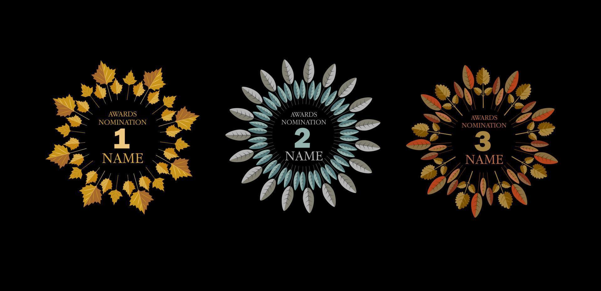Awards logos set. Isolated abstract graphic design template. Nominated festive graceful banner, decorative vintage collection 1, 2, 3 places, wreath of different leaves. Vector illustration.