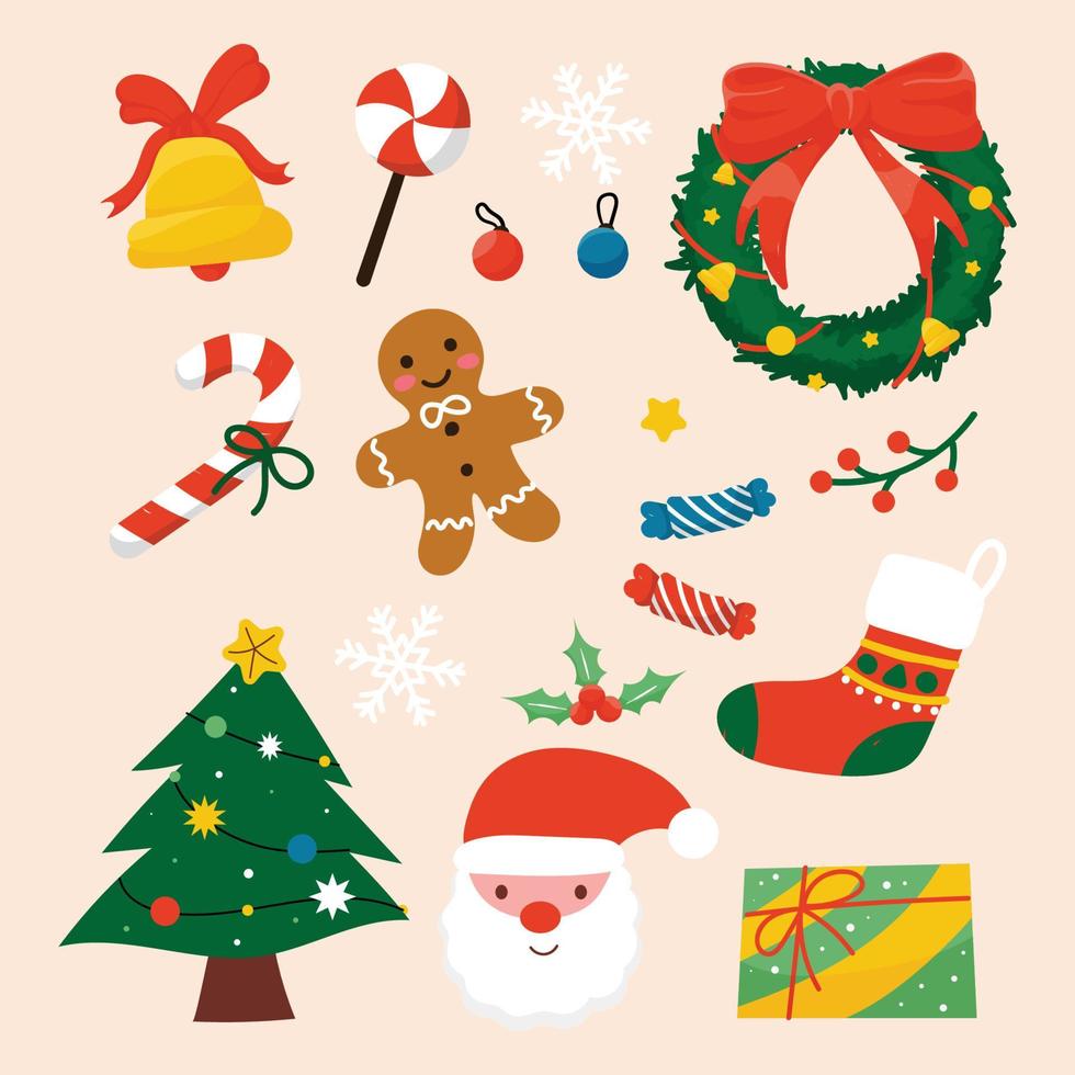 conjunto de vacaciones con personajes lindos y elementos decorativos de navidad. Ilustraciones de vectores de colores festivos