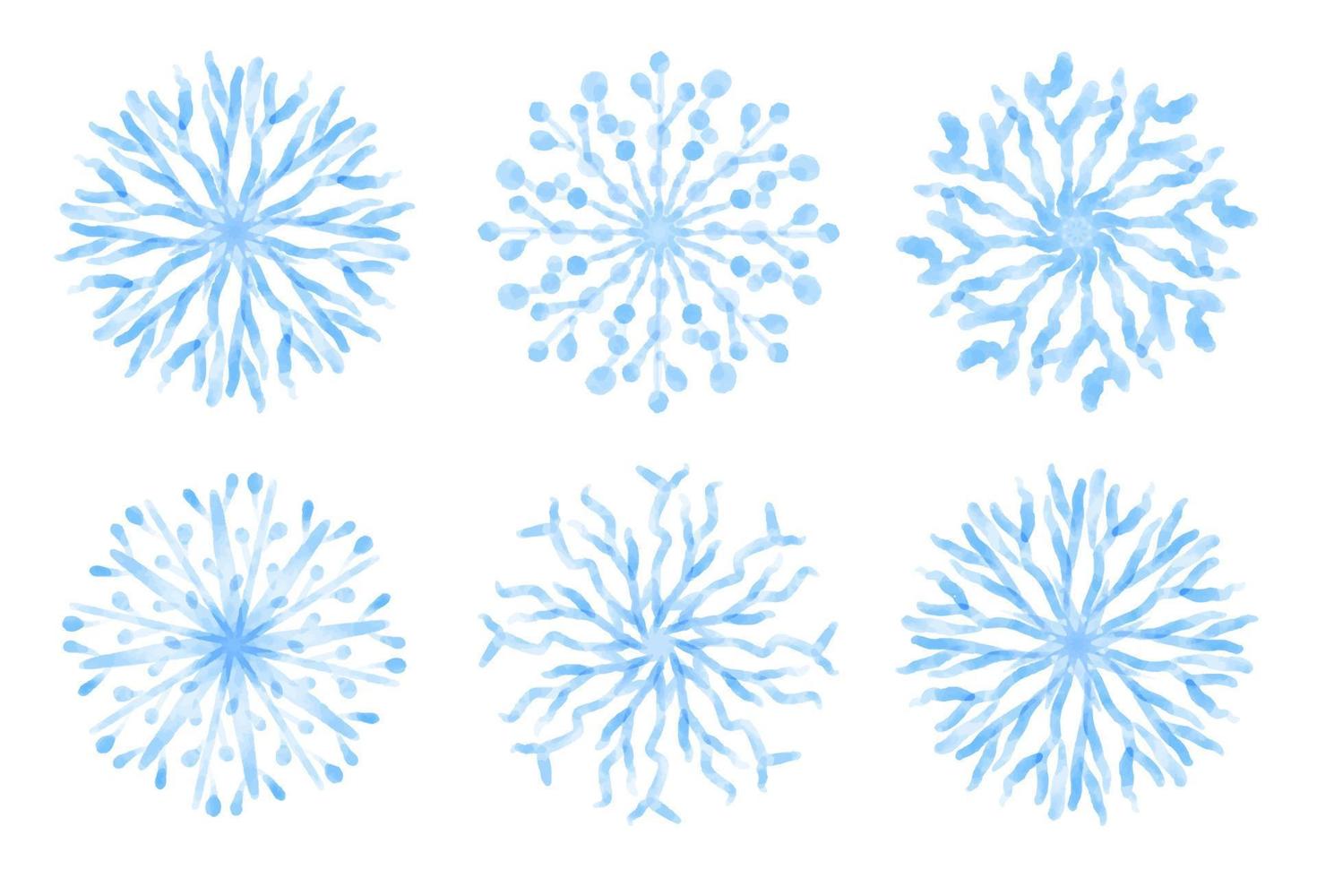 Collection of artistic blue snowflakes with watercolor texture. Stock vector set. Can be used for printed materials, prints, posters, cards, logo. Abstract background. Hand drawn decorative elements.