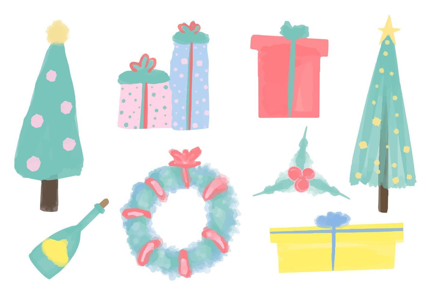 Vector Christmas and New Year watercolor set on a white background.