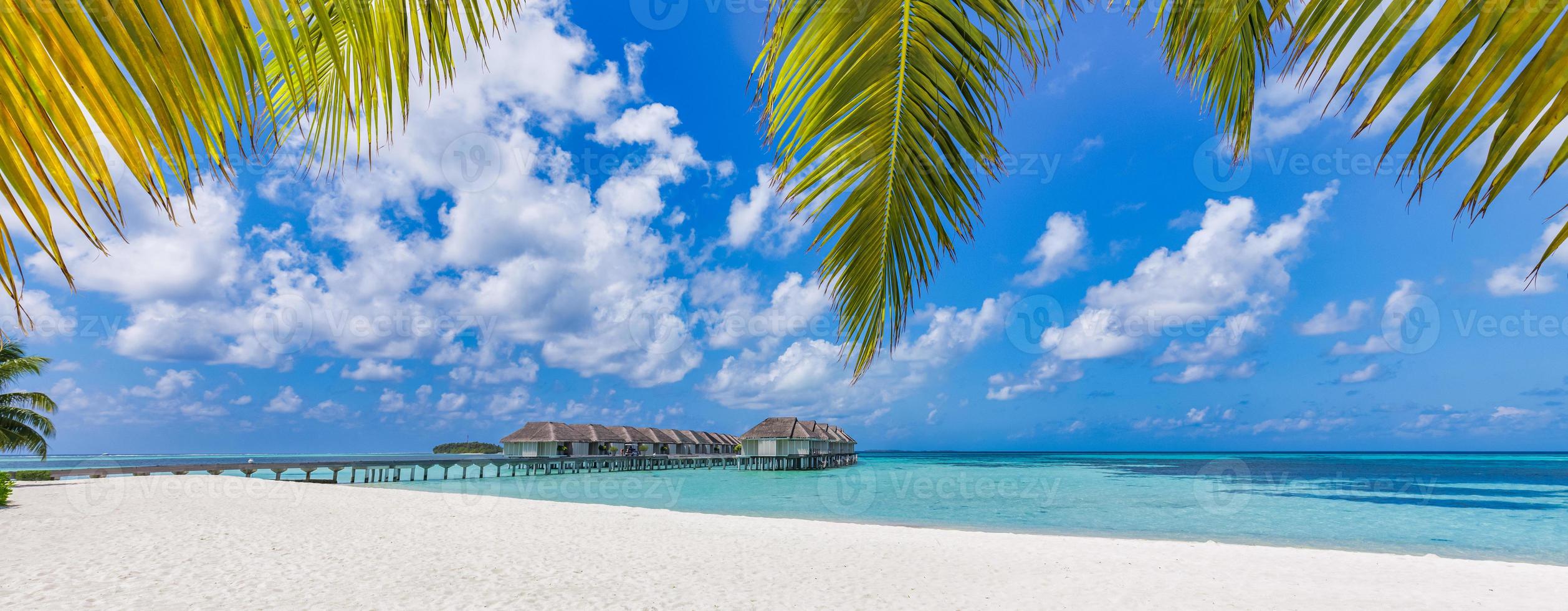 increíble paisaje panorámico de la playa de maldivas, arena de palmeras. paisaje de playa tropical paisaje marino, embarcadero de madera de resort de villa de agua de lujo. hermoso destino de viaje para vacaciones de verano y concepto de vacaciones foto