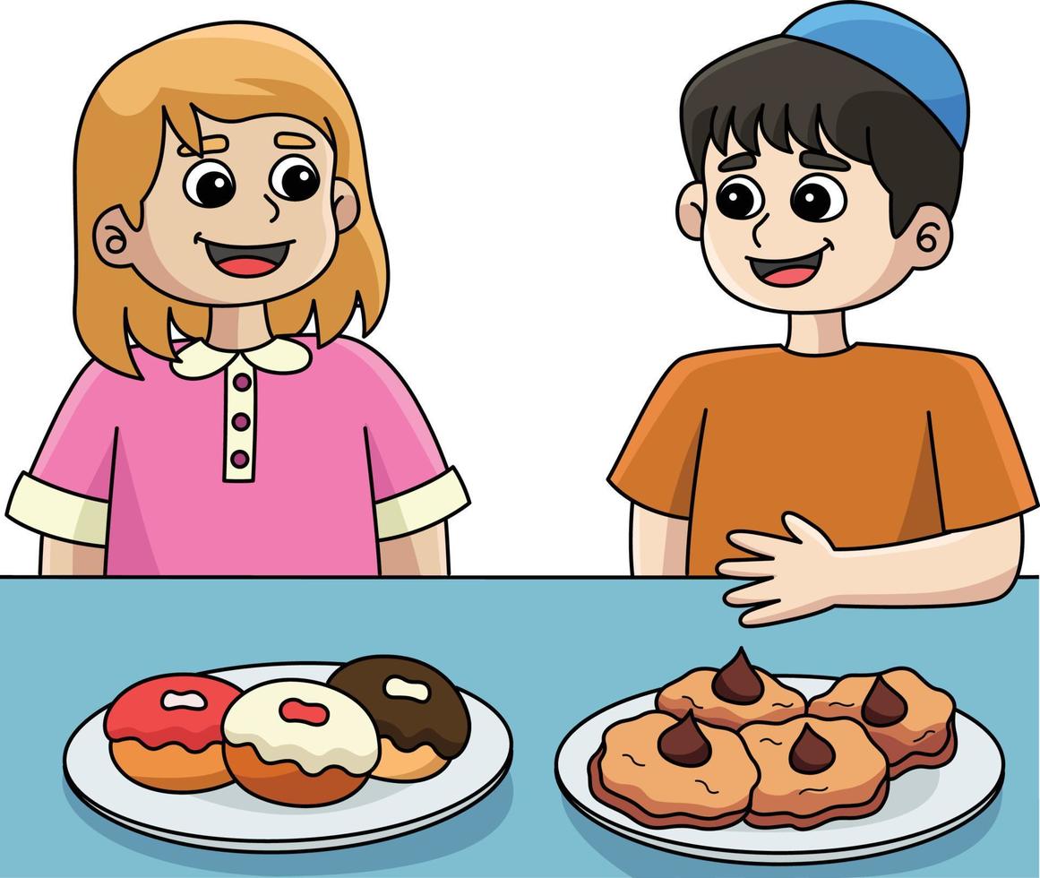 hanukkah niño y niña festejando dibujos animados clipart vector