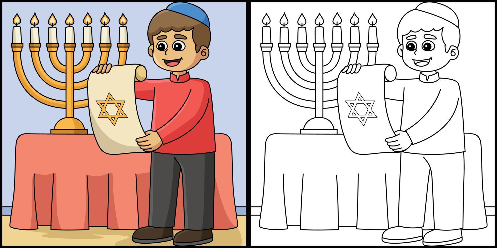 hanukkah judío con pergamino para colorear ilustración vector