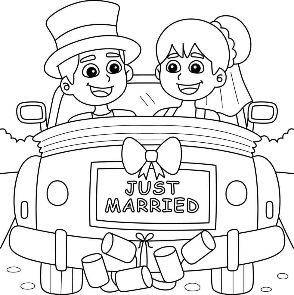 Wedding Car Bride Groom Just Married Coloring vector